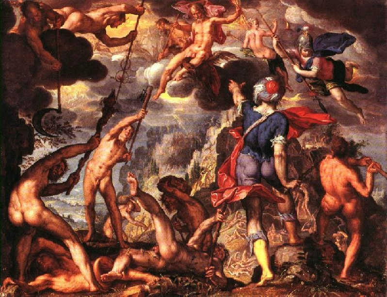 The Battle Between the Gods and the Titans, lukisan yang menggambarkan Titanomachy atau War of the Titans dalam mitologi Yunani. ©1600 Joachim Wtewael